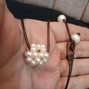 Brown Leather Pearl Necklace